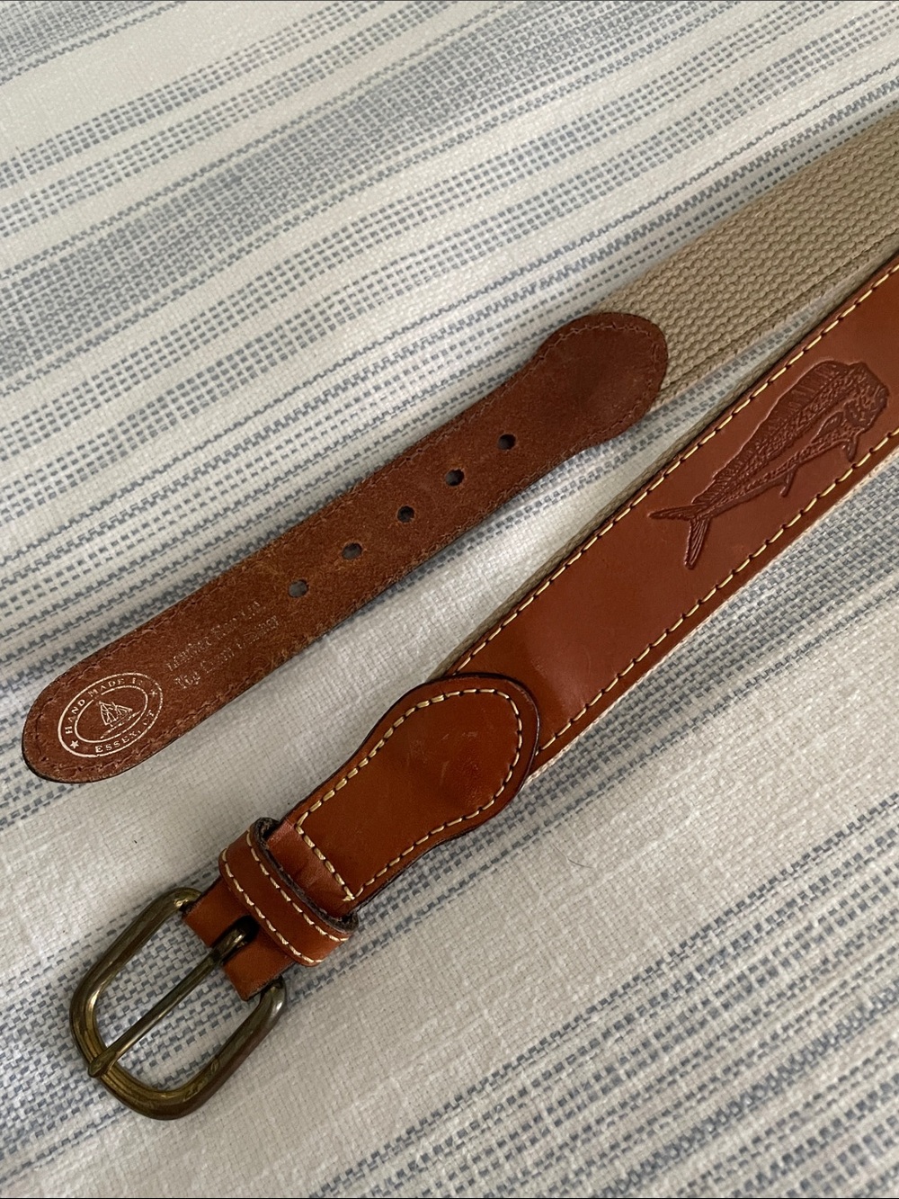 Handmade in Essex CT Kids Brown Leather Accent nautical fish/ Tan Webbing siz 30